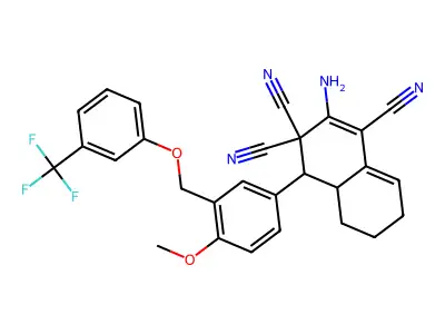 2-amino-4-[4-methoxy-3-[[3-(trifluoromethyl)phenoxy]methyl]phenyl]-4a,5,6,7-tetrahydro-4H-naphthalene-1,3,3-tricarbonitrile structure