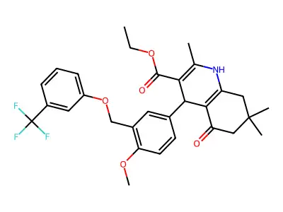 ethyl 4-(4-methoxy-3-{[3-(trifluoromethyl)phenoxy]methyl}phenyl)-2,7,7-trimethyl-5-oxo-1,4,5,6,7,8-hexahydro-3-quinolinecarboxylate structure