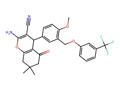 2-amino-4-(4-methoxy-3-{[3-(trifluoromethyl)phenoxy]methyl}phenyl)-7,7-dimethyl-5-oxo-5,6,7,8-tetrahydro-4H-chromene-3-carbonitrile structure