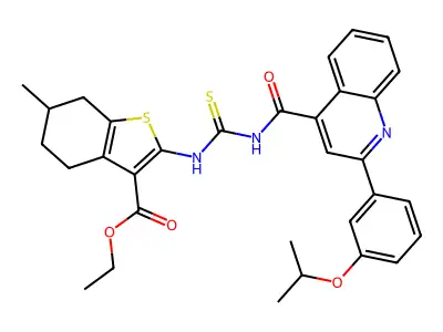 ethyl 2-{[({[2-(3-isopropoxyphenyl)-4-quinolinyl]carbonyl}amino)carbothioyl]amino}-6-methyl-4,5,6,7-tetrahydro-1-benzothiophene-3-carboxylate structure