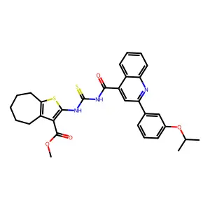 methyl 2-[[2-(3-propan-2-yloxyphenyl)quinoline-4-carbonyl]carbamothioylamino]-5,6,7,8-tetrahydro-4H-cyclohepta[b]thiophene-3-carboxylate structure