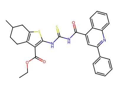 ethyl 6-methyl-2-({[(2-phenylquinolin-4-yl)carbonyl]carbamothioyl}amino)-4,5,6,7-tetrahydro-1-benzothiophene-3-carboxylate structure