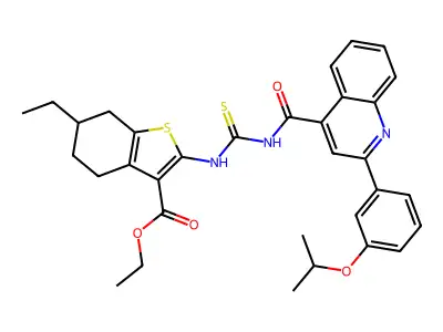 ethyl 6-ethyl-2-[[2-(3-propan-2-yloxyphenyl)quinoline-4-carbonyl]carbamothioylamino]-4,5,6,7-tetrahydro-1-benzothiophene-3-carboxylate structure