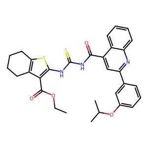 ethyl 2-[[2-(3-propan-2-yloxyphenyl)quinoline-4-carbonyl]carbamothioylamino]-4,5,6,7-tetrahydro-1-benzothiophene-3-carboxylate structure