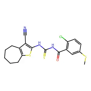 2-chloro-N-[(3-cyano-5,6,7,8-tetrahydro-4H-cyclohepta[b]thiophen-2-yl)carbamothioyl]-5-methylsulfanylbenzamide structure