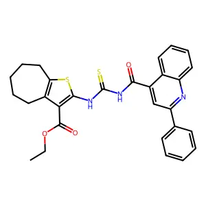 ethyl 2-({[(2-phenylquinolin-4-yl)carbonyl]carbamothioyl}amino)-5,6,7,8-tetrahydro-4H-cyclohepta[b]thiophene-3-carboxylate structure