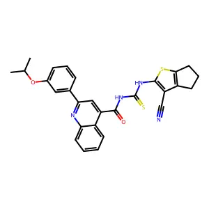 N-[(3-cyano-5,6-dihydro-4H-cyclopenta[b]thiophen-2-yl)carbamothioyl]-2-(3-propan-2-yloxyphenyl)quinoline-4-carboxamide structure