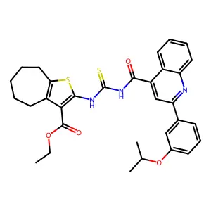ethyl 2-[[2-(3-propan-2-yloxyphenyl)quinoline-4-carbonyl]carbamothioylamino]-5,6,7,8-tetrahydro-4H-cyclohepta[b]thiophene-3-carboxylate structure