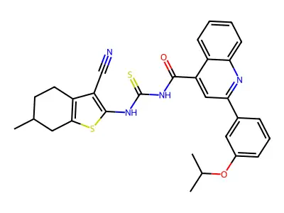 N-[(3-cyano-6-methyl-4,5,6,7-tetrahydro-1-benzothiophen-2-yl)carbamothioyl]-2-(3-propan-2-yloxyphenyl)quinoline-4-carboxamide structure