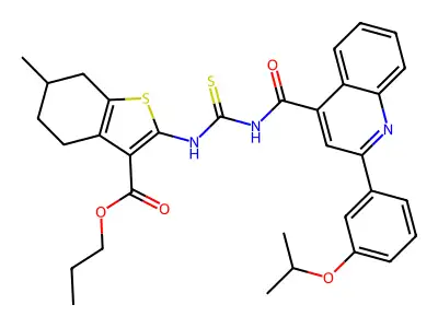 propyl 2-{[({[2-(3-isopropoxyphenyl)-4-quinolinyl]carbonyl}amino)carbothioyl]amino}-6-methyl-4,5,6,7-tetrahydro-1-benzothiophene-3-carboxylate structure
