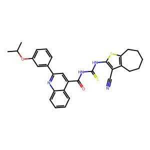 N-[(3-cyano-5,6,7,8-tetrahydro-4H-cyclohepta[b]thiophen-2-yl)carbamothioyl]-2-(3-propan-2-yloxyphenyl)quinoline-4-carboxamide structure