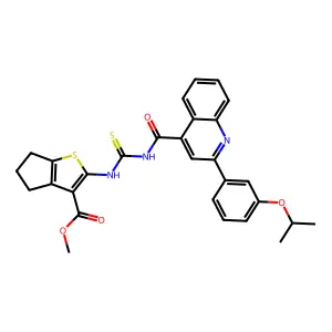 methyl 2-[[2-(3-propan-2-yloxyphenyl)quinoline-4-carbonyl]carbamothioylamino]-5,6-dihydro-4H-cyclopenta[b]thiophene-3-carboxylate structure