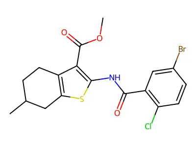 methyl 2-[(5-bromo-2-chlorobenzoyl)amino]-6-methyl-4,5,6,7-tetrahydro-1-benzothiophene-3-carboxylate structure