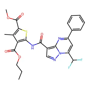 2-methyl 4-propyl 5-({[7-(difluoromethyl)-5-phenylpyrazolo[1,5-a]pyrimidin-3-yl]carbonyl}amino)-3-methyl-2,4-thiophenedicarboxylate structure