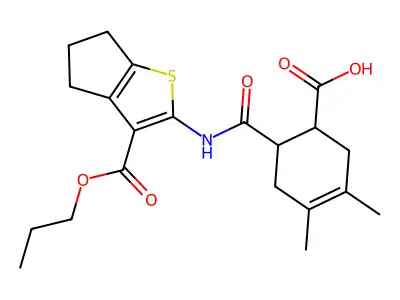 3,4-dimethyl-6-{[3-(propoxycarbonyl)-5,6-dihydro-4H-cyclopenta[b]thiophen-2-yl]carbamoyl}cyclohex-3-ene-1-carboxylic acid structure