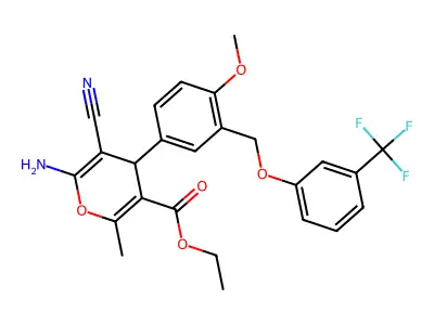 ethyl 6-amino-5-cyano-4-(4-methoxy-3-{[3-(trifluoromethyl)phenoxy]methyl}phenyl)-2-methyl-4H-pyran-3-carboxylate structure