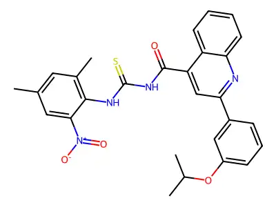 N-[(2,4-dimethyl-6-nitrophenyl)carbamothioyl]-2-(3-propan-2-yloxyphenyl)quinoline-4-carboxamide structure