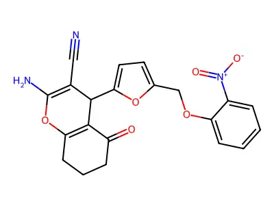 2-amino-4-[5-[(2-nitrophenoxy)methyl]furan-2-yl]-5-oxo-4,6,7,8-tetrahydrochromene-3-carbonitrile structure