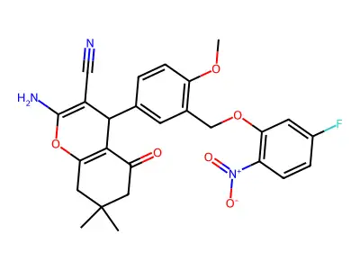 2-amino-4-[3-[(5-fluoro-2-nitrophenoxy)methyl]-4-methoxyphenyl]-7,7-dimethyl-5-oxo-6,8-dihydro-4H-chromene-3-carbonitrile structure