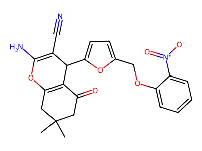 2-amino-7,7-dimethyl-4-[5-[(2-nitrophenoxy)methyl]furan-2-yl]-5-oxo-6,8-dihydro-4H-chromene-3-carbonitrile structure