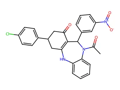 10-acetyl-3-(4-chlorophenyl)-11-(3-nitrophenyl)-2,3,4,5,10,11-hexahydro-1H-dibenzo[b,e][1,4]diazepin-1-one structure