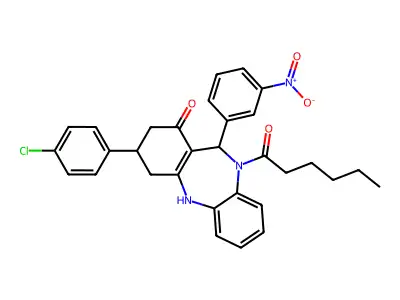 3-(4-chlorophenyl)-10-hexanoyl-11-(3-nitrophenyl)-2,3,4,5,10,11-hexahydro-1H-dibenzo[b,e][1,4]diazepin-1-one structure