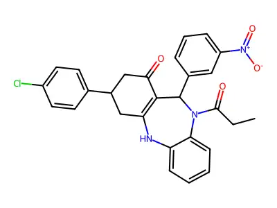 9-(4-chlorophenyl)-6-(3-nitrophenyl)-5-propanoyl-8,9,10,11-tetrahydro-6H-benzo[b][1,4]benzodiazepin-7-one structure