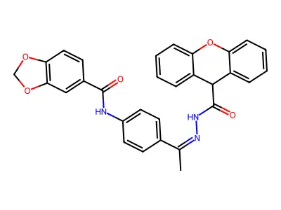 N-[(Z)-1-[4-(1,3-benzodioxole-5-carbonylamino)phenyl]ethylideneamino]-9H-xanthene-9-carboxamide structure