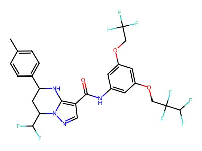 7-(difluoromethyl)-5-(4-methylphenyl)-N-[3-(2,2,3,3-tetrafluoropropoxy)-5-(2,2,2-trifluoroethoxy)phenyl]-4,5,6,7-tetrahydropyrazolo[1,5-a]pyrimidine-3-carboxamide structure