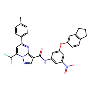 7-(difluoromethyl)-N-[3-(2,3-dihydro-1H-inden-5-yloxy)-5-nitrophenyl]-5-(4-methylphenyl)pyrazolo[1,5-a]pyrimidine-3-carboxamide structure
