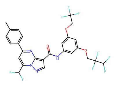 7-(difluoromethyl)-5-(4-methylphenyl)-N-[3-(2,2,3,3-tetrafluoropropoxy)-5-(2,2,2-trifluoroethoxy)phenyl]pyrazolo[1,5-a]pyrimidine-3-carboxamide structure