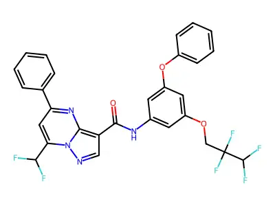 7-(difluoromethyl)-N-[3-phenoxy-5-(2,2,3,3-tetrafluoropropoxy)phenyl]-5-phenylpyrazolo[1,5-a]pyrimidine-3-carboxamide structure