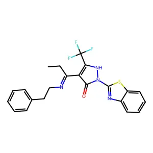 2-(1,3-benzothiazol-2-yl)-4-{1-[(2-phenylethyl)amino]propylidene}-5-(trifluoromethyl)-2,4-dihydro-3H-pyrazol-3-one structure