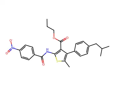 propyl 2-({4-nitrobenzoyl}amino)-4-(4-isobutylphenyl)-5-methyl-3-thiophenecarboxylate structure