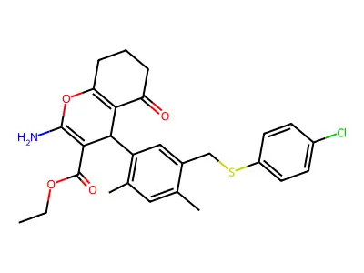 ethyl 2-amino-4-(5-{[(4-chlorophenyl)sulfanyl]methyl}-2,4-dimethylphenyl)-5-oxo-5,6,7,8-tetrahydro-4H-chromene-3-carboxylate structure