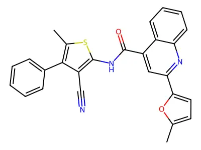 N-(3-cyano-5-methyl-4-phenyl-2-thienyl)-2-(5-methyl-2-furyl)-4-quinolinecarboxamide structure