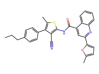 N-[3-cyano-5-methyl-4-(4-propylphenyl)thiophen-2-yl]-2-(5-methylfuran-2-yl)quinoline-4-carboxamide structure