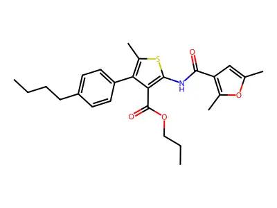 propyl 4-(4-butylphenyl)-2-[(2,5-dimethyl-3-furoyl)amino]-5-methyl-3-thiophenecarboxylate structure