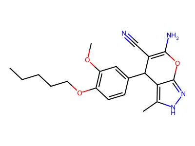 6-amino-4-(3-methoxy-4-pentoxyphenyl)-3-methyl-2,4-dihydropyrano[2,3-c]pyrazole-5-carbonitrile structure