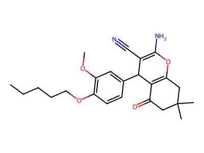 2-amino-4-(3-methoxy-4-pentoxyphenyl)-7,7-dimethyl-5-oxo-6,8-dihydro-4H-chromene-3-carbonitrile structure