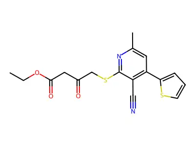 Ethyl 4-((3-cyano-6-methyl-4-(thiophen-2-yl)pyridin-2-yl)thio)-3-oxobutanoate structure