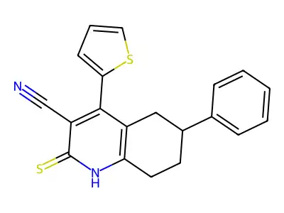 6-phenyl-2-sulfanylidene-4-thiophen-2-yl-5,6,7,8-tetrahydro-1H-quinoline-3-carbonitrile structure