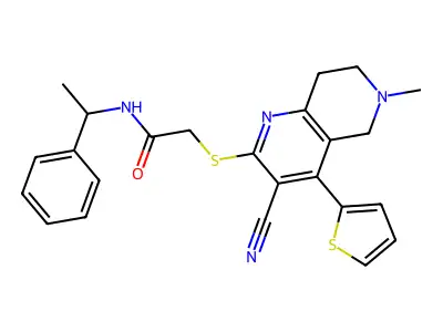 2-{[3-cyano-6-methyl-4-(2-thienyl)-5,6,7,8-tetrahydro[1,6]naphthyridin-2-yl]sulfanyl}-N-(1-phenylethyl)acetamide structure