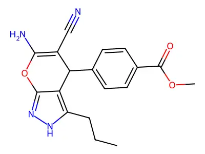 Methyl 4-(6-amino-5-cyano-3-propyl-2,4-dihydropyrano[2,3-c]pyrazol-4-yl)benzoate structure