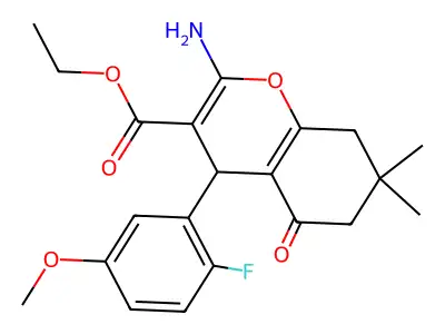 ethyl 2-amino-4-(2-fluoro-5-methoxyphenyl)-7,7-dimethyl-5-oxo-5,6,7,8-tetrahydro-4H-chromene-3-carboxylate structure