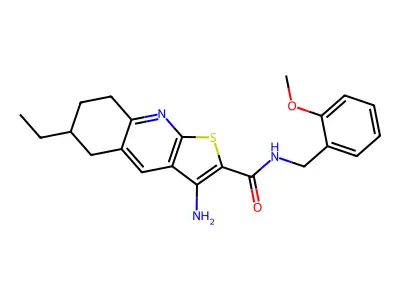 3-amino-6-ethyl-N-(2-methoxybenzyl)-5,6,7,8-tetrahydrothieno[2,3-b]quinoline-2-carboxamide structure