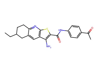 N-(4-acetylphenyl)-3-amino-6-ethyl-5,6,7,8-tetrahydrothieno[2,3-b]quinoline-2-carboxamide structure