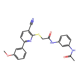 N-(3-acetamidophenyl)-2-[3-cyano-6-(3-methoxyphenyl)pyridin-2-yl]sulfanylacetamide structure