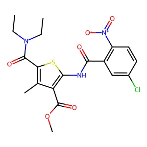 methyl 2-[(5-chloro-2-nitrobenzoyl)amino]-5-(diethylcarbamoyl)-4-methylthiophene-3-carboxylate structure