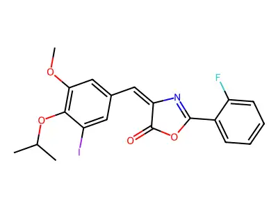 (4E)-2-(2-fluorophenyl)-4-[(3-iodo-5-methoxy-4-propan-2-yloxyphenyl)methylidene]-1,3-oxazol-5-one structure